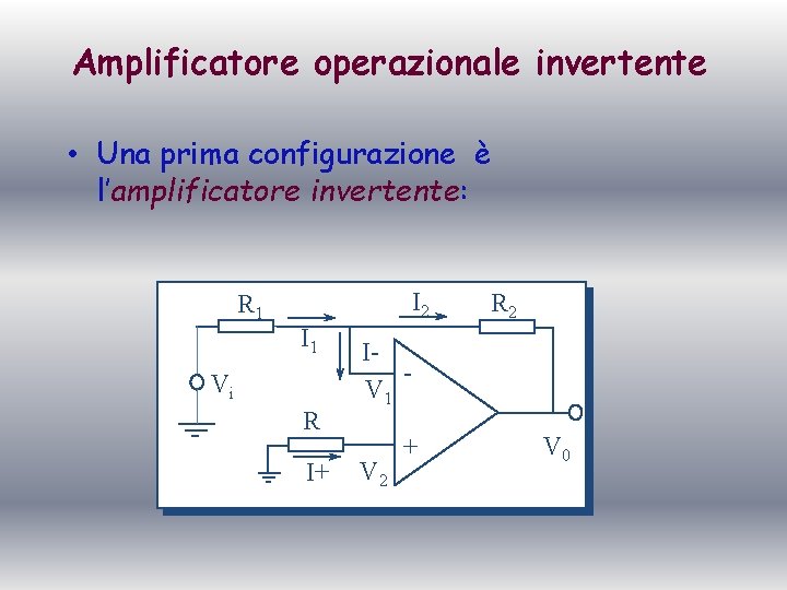 Amplificatore operazionale invertente • Una prima configurazione è l’amplificatore invertente: R 1 I 2