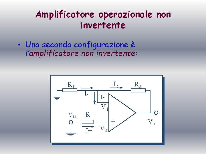 Amplificatore operazionale non invertente • Una seconda configurazione è l’amplificatore non invertente: R 1