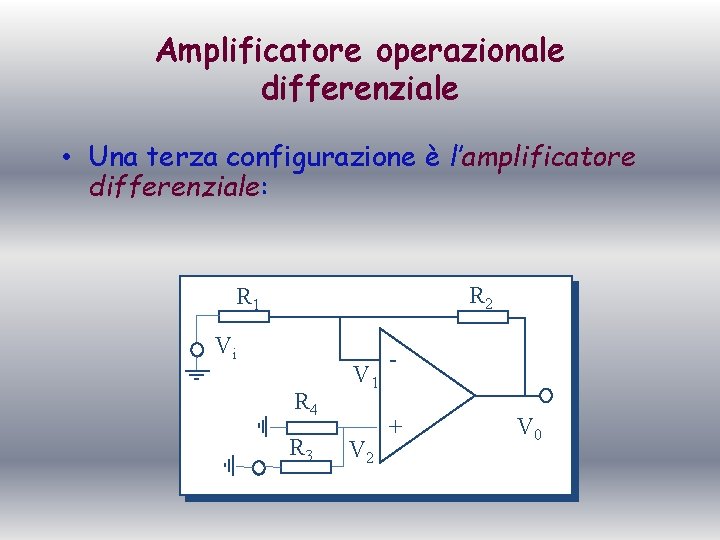 Amplificatore operazionale differenziale • Una terza configurazione è l’amplificatore differenziale: R 2 R 1