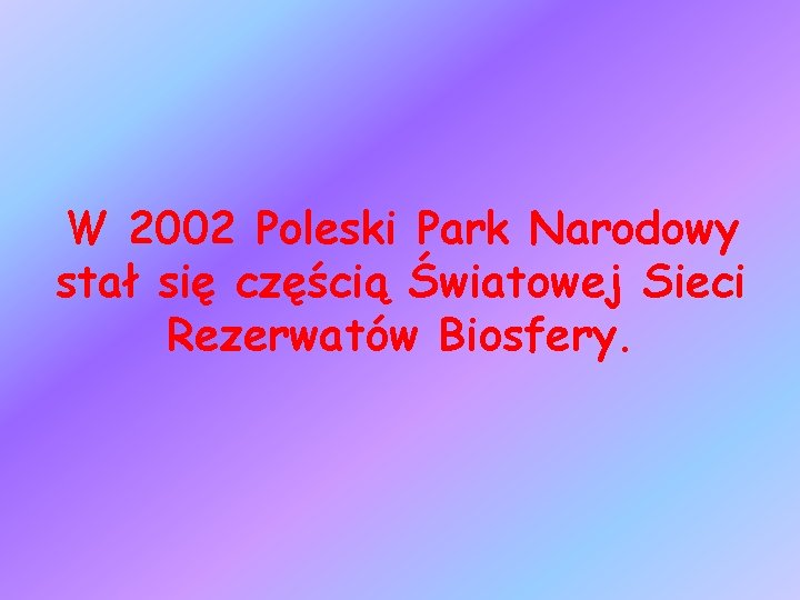 W 2002 Poleski Park Narodowy stał się częścią Światowej Sieci Rezerwatów Biosfery. 