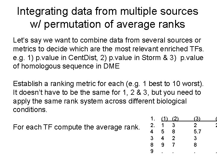 Integrating data from multiple sources w/ permutation of average ranks Let’s say we want