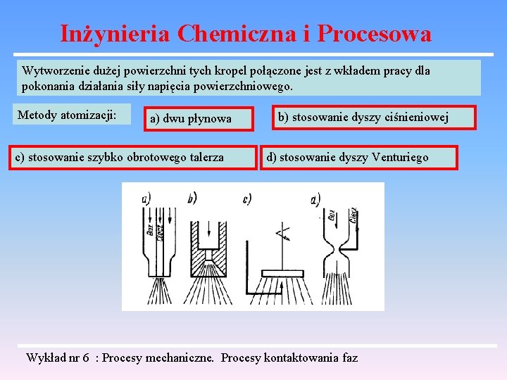 Inżynieria Chemiczna i Procesowa Wytworzenie dużej powierzchni tych kropel połączone jest z wkładem pracy