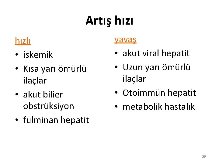 Artış hızı hızlı • iskemik • Kısa yarı ömürlü ilaçlar • akut bilier obstrüksiyon