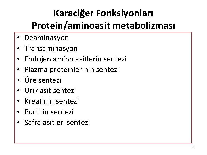 Karaciğer Fonksiyonları Protein/aminoasit metabolizması • • • Deaminasyon Transaminasyon Endojen amino asitlerin sentezi Plazma