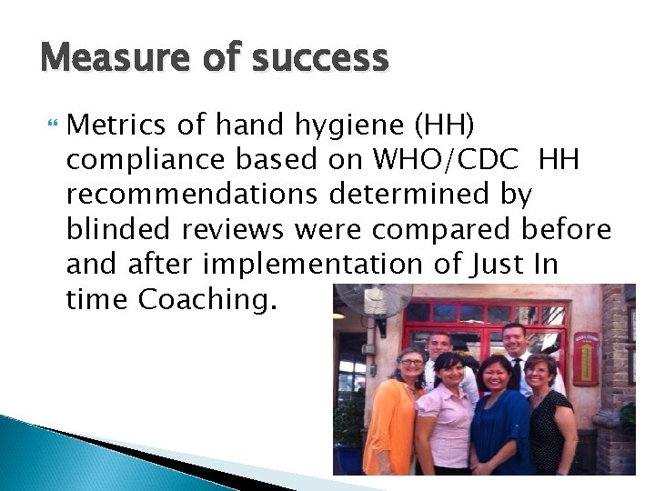Measure of success Metrics of hand hygiene (HH) compliance based on WHO/CDC HH recommendations