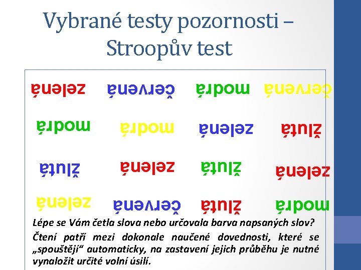 Vybrané testy pozornosti – Stroopův test červená modrá zelená žlutá modrá červená zelená modrá