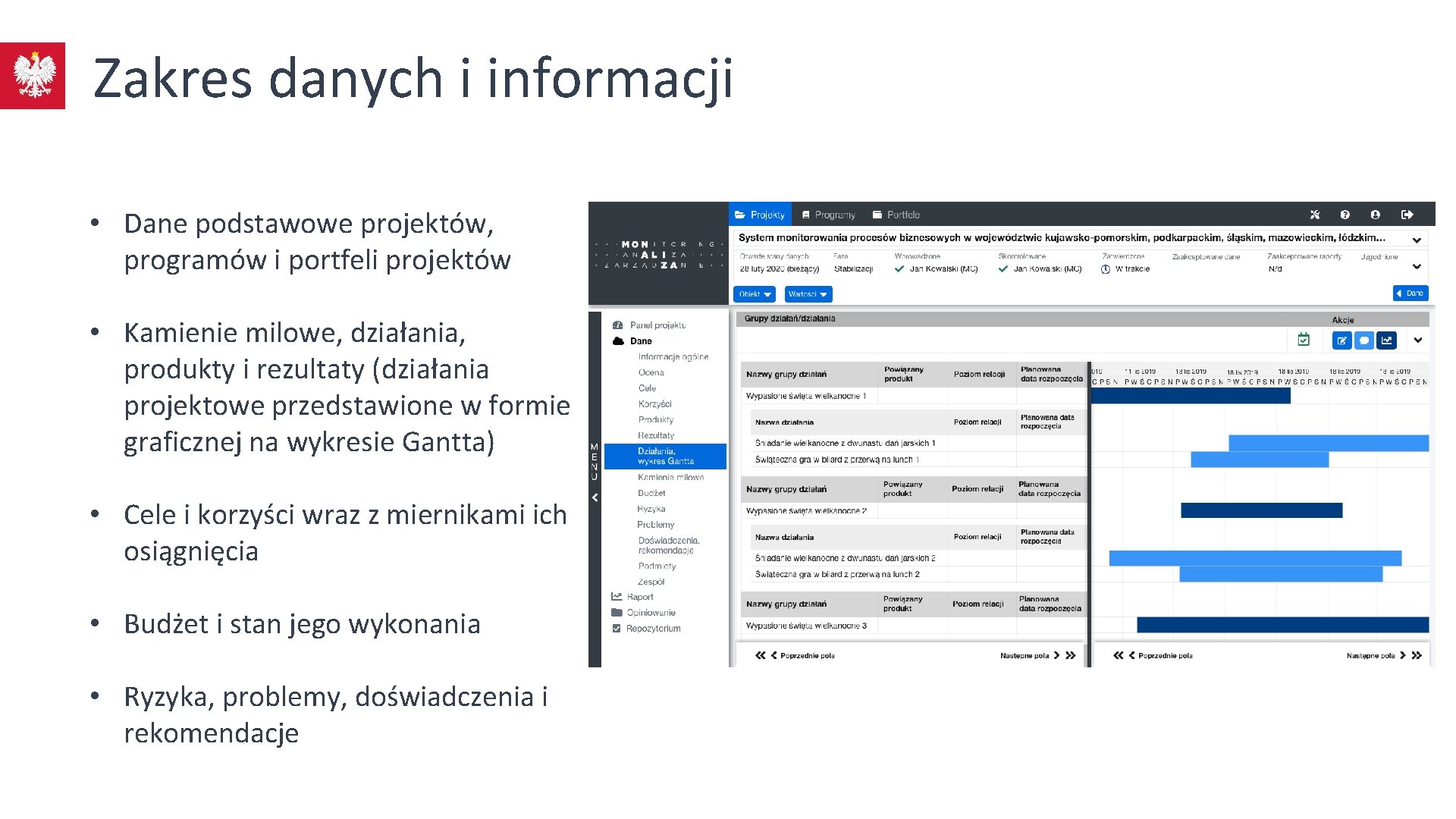 Zakres danych i informacji • Dane podstawowe projektów, programów i portfeli projektów • Kamienie