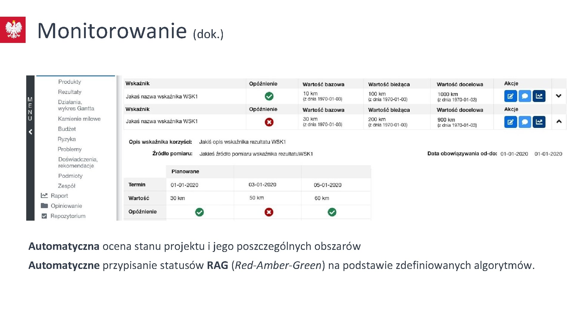 Monitorowanie (dok. ) Automatyczna ocena stanu projektu i jego poszczególnych obszarów Automatyczne przypisanie statusów