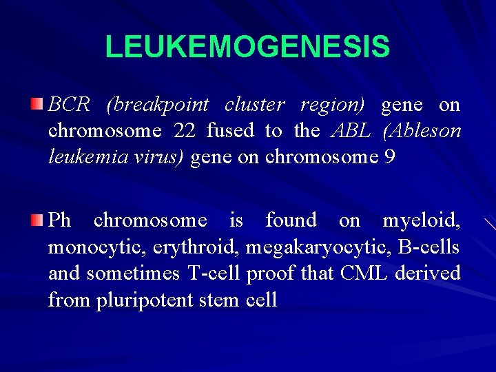 LEUKEMOGENESIS BCR (breakpoint cluster region) gene on chromosome 22 fused to the ABL (Ableson