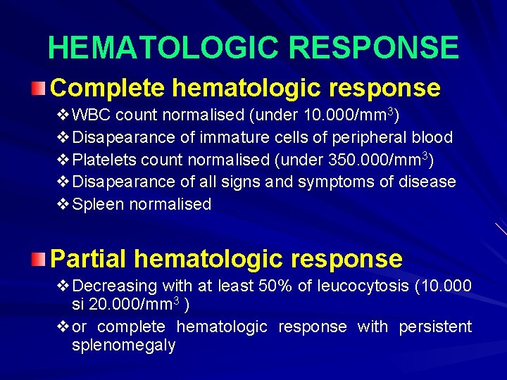 HEMATOLOGIC RESPONSE Complete hematologic response v. WBC count normalised (under 10. 000/mm 3) v.