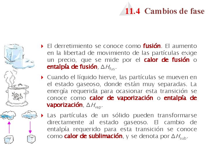 11. 4 Cambios de fase 4 El derretimiento se conoce como fusión. El aumento