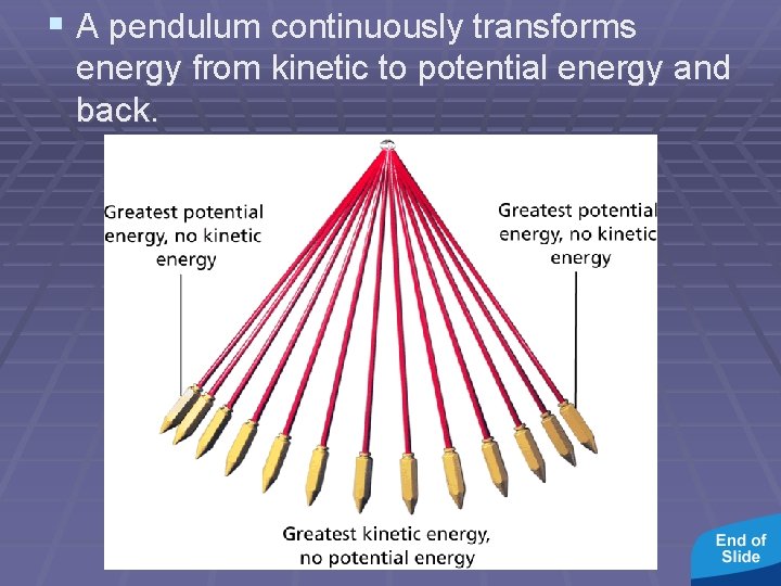 - Energy Transformations and Conservation § A pendulum continuously transforms energy from kinetic to