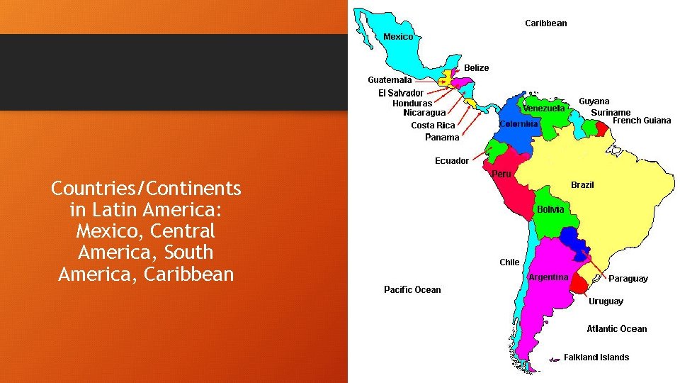 Countries/Continents in Latin America: Mexico, Central America, South America, Caribbean 