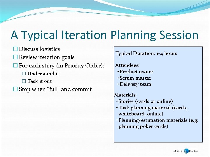 A Typical Iteration Planning Session � Discuss logistics � Review iteration goals � For