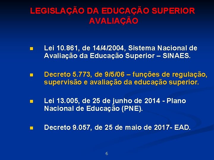 LEGISLAÇÃO DA EDUCAÇÃO SUPERIOR AVALIAÇÃO n Lei 10. 861, de 14/4/2004, Sistema Nacional de