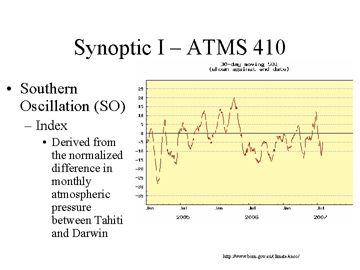 Synoptic I – ATMS 410 • Southern Oscillation (SO) – Index • Derived from Synoptic I – ATMS 410 • Southern Oscillation (SO) – Index • Derived from