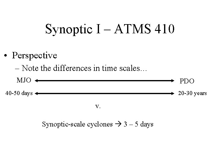 Synoptic I – ATMS 410 • Perspective – Note the differences in time scales… Synoptic I – ATMS 410 • Perspective – Note the differences in time scales…
