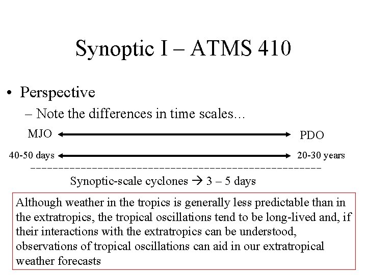 Synoptic I – ATMS 410 • Perspective – Note the differences in time scales… Synoptic I – ATMS 410 • Perspective – Note the differences in time scales…