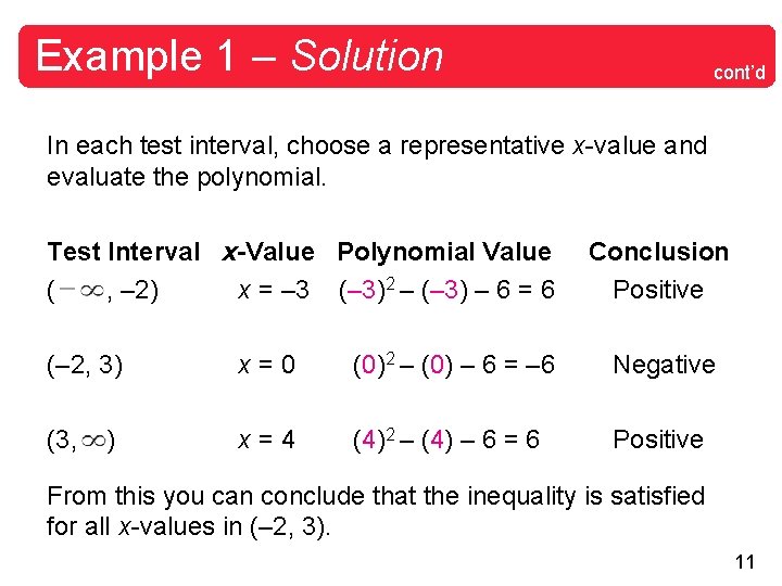 Example 1 – Solution cont’d In each test interval, choose a representative x-value and