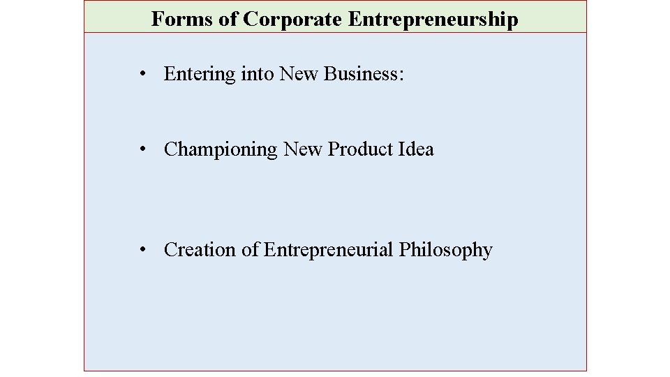Forms of Corporate Entrepreneurship • Entering into New Business: • Championing New Product Idea