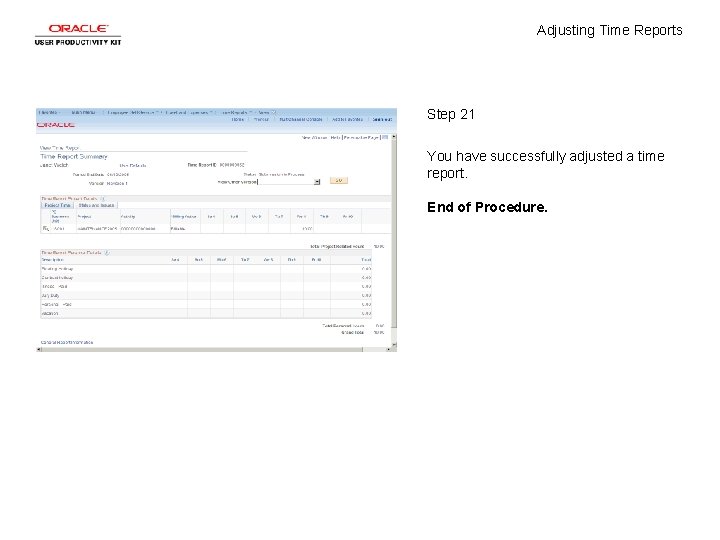 Adjusting Time Reports Step 21 You have successfully adjusted a time report. End of