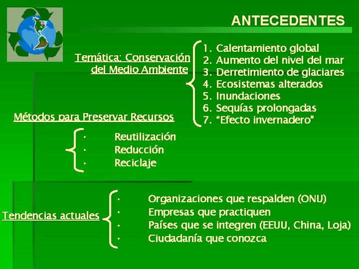 ANTECEDENTES Temática: Conservación del Medio Ambiente Métodos para Preservar Recursos • • • Tendencias