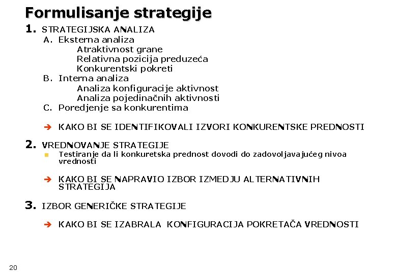 Formulisanje strategije 1. STRATEGIJSKA ANALIZA A. Eksterna analiza A. Atraktivnost grane B. Relativna pozicija