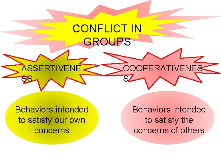 CONFLICT IN GROUPS ASSERTIVENE SS Behaviors intended to satisfy our own concerns COOPERATIVENES S CONFLICT IN GROUPS ASSERTIVENE SS Behaviors intended to satisfy our own concerns COOPERATIVENES S