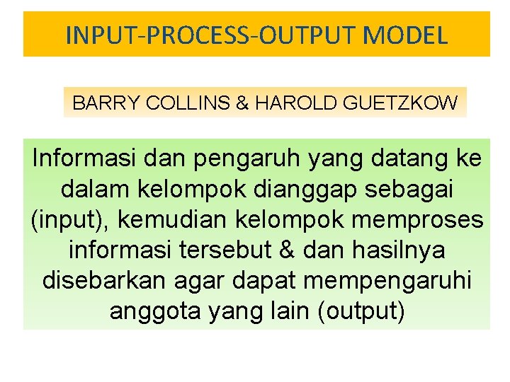 INPUT-PROCESS-OUTPUT MODEL BARRY COLLINS & HAROLD GUETZKOW Informasi dan pengaruh yang datang ke dalam