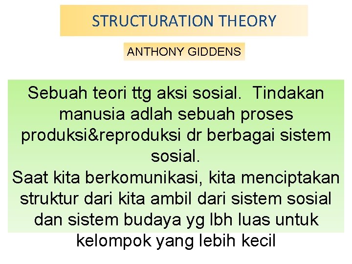 STRUCTURATION THEORY ANTHONY GIDDENS Sebuah teori ttg aksi sosial. Tindakan manusia adlah sebuah proses