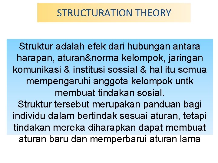 STRUCTURATION THEORY Struktur adalah efek dari hubungan antara harapan, aturan&norma kelompok, jaringan komunikasi & STRUCTURATION THEORY Struktur adalah efek dari hubungan antara harapan, aturan&norma kelompok, jaringan komunikasi &