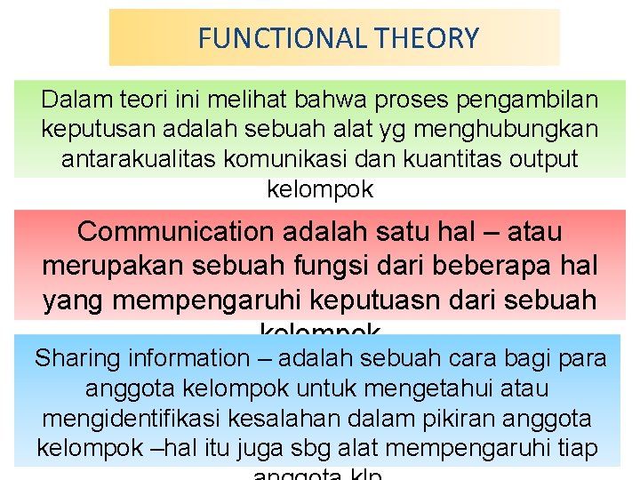 FUNCTIONAL THEORY Dalam teori ini melihat bahwa proses pengambilan keputusan adalah sebuah alat yg