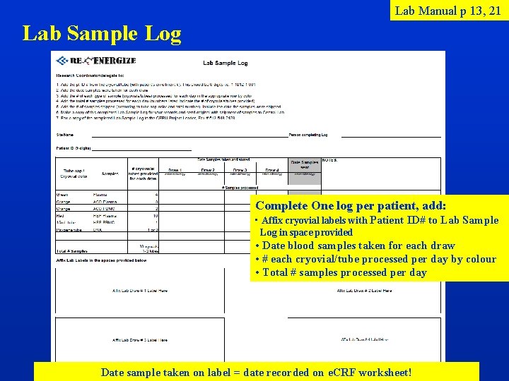 Lab Manual p 13, 21 Lab Sample Log Complete One log per patient, add: