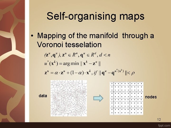 Self-organising maps • Mapping of the manifold through a Voronoi tesselation data nodes 12