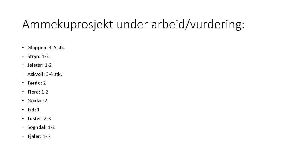 Ammekuprosjekt under arbeid/vurdering: • Gloppen: 4 -5 stk. • Stryn: 1 -2 • Jølster: