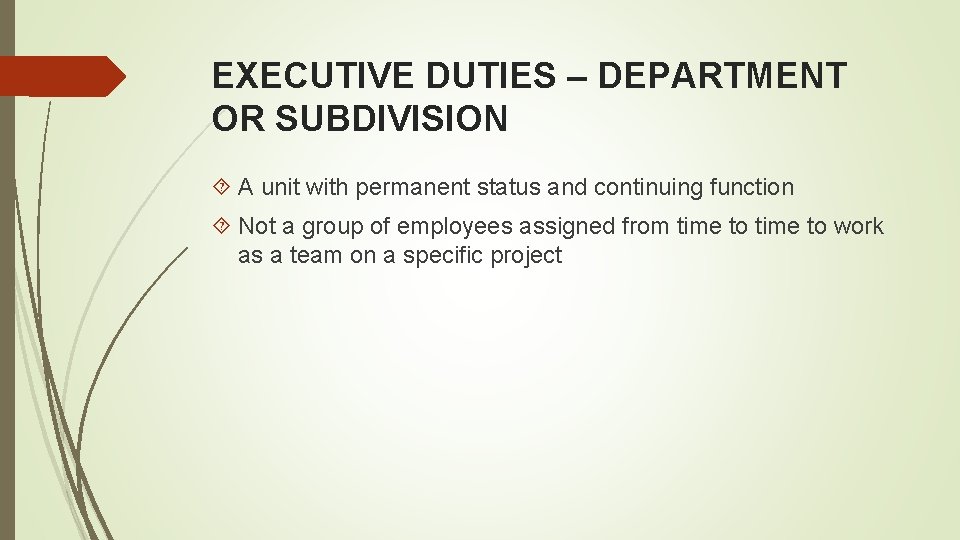 EXECUTIVE DUTIES – DEPARTMENT OR SUBDIVISION A unit with permanent status and continuing function