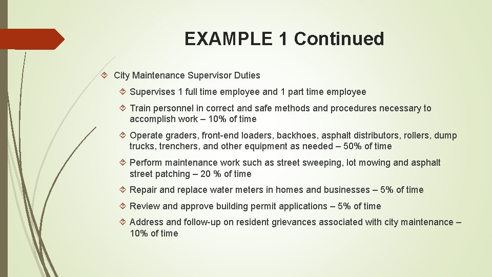 EXAMPLE 1 Continued City Maintenance Supervisor Duties Supervises 1 full time employee and 1