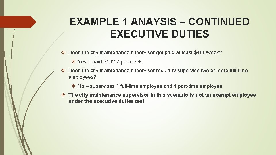 EXAMPLE 1 ANAYSIS – CONTINUED EXECUTIVE DUTIES Does the city maintenance supervisor get paid