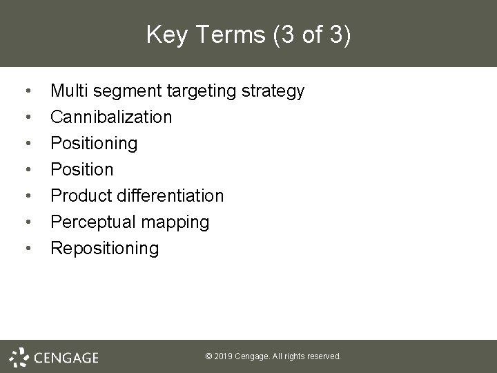 Key Terms (3 of 3) • • Multi segment targeting strategy Cannibalization Positioning Position