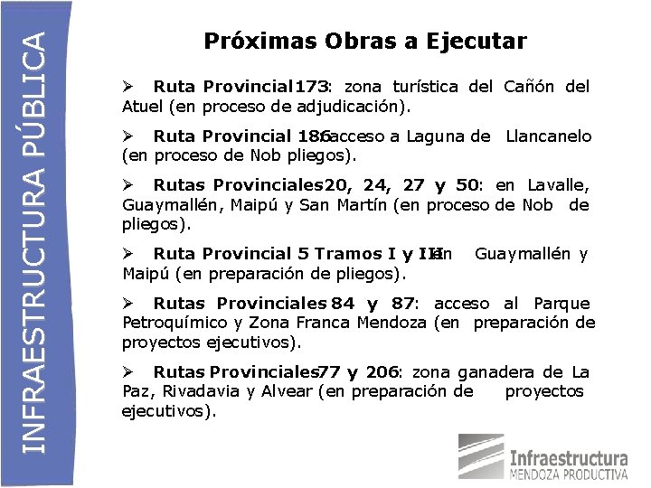 INFRAESTRUCTURA PÚBLICA Próximas Obras a Ejecutar Ruta Provincial 173: zona turística del Cañón del