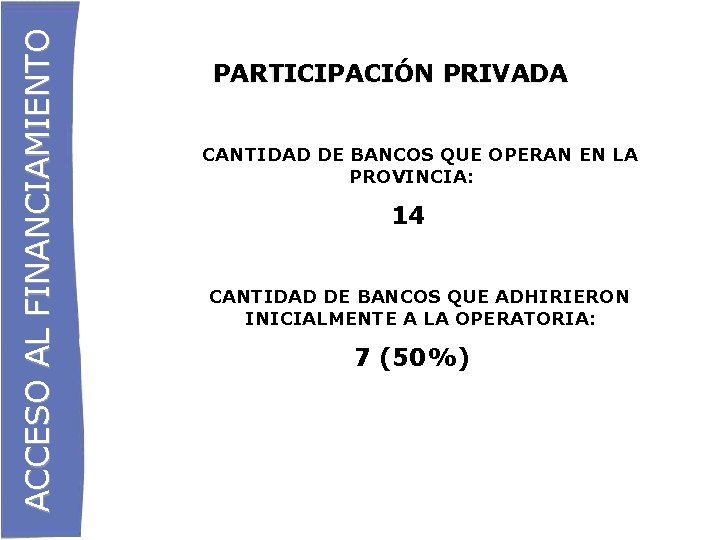 ACCESO AL FINANCIAMIENTO PARTICIPACIÓN PRIVADA CANTIDAD DE BANCOS QUE OPERAN EN LA PROVINCIA: 14