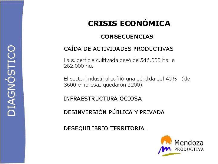 CRISIS ECONÓMICA DIAGNÓSTICO CONSECUENCIAS CAÍDA DE ACTIVIDADES PRODUCTIVAS La superficie cultivada pasó de 546.