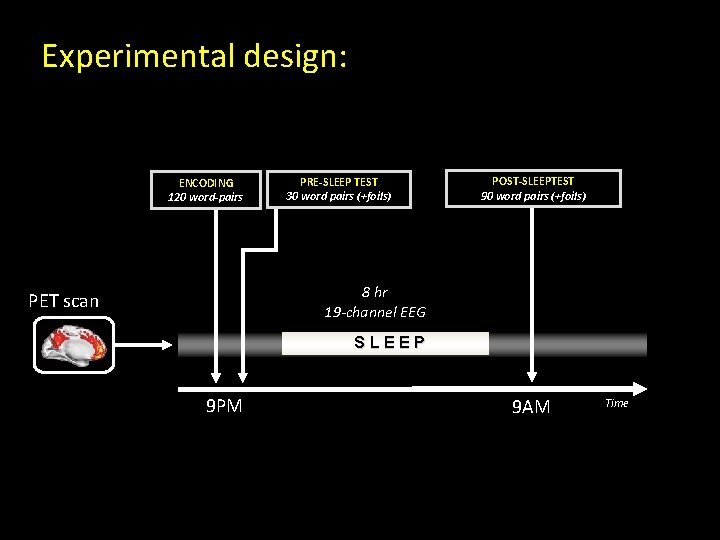 Experimental design: ENCODING 120 word-pairs PRE-SLEEP TEST 30 word pairs (+foils) POST-SLEEPTEST 90 word