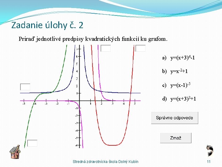 Zadanie úlohy č. 2 Priraď jednotlivé predpisy kvadratických funkcií ku grafom. a) y=(x+3)4 -1