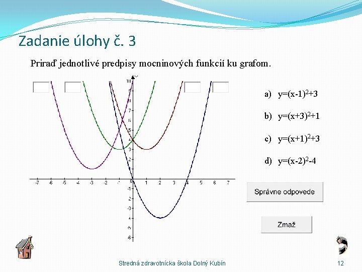 Zadanie úlohy č. 3 Priraď jednotlivé predpisy mocninových funkcií ku grafom. a) y=(x-1)2+3 b)