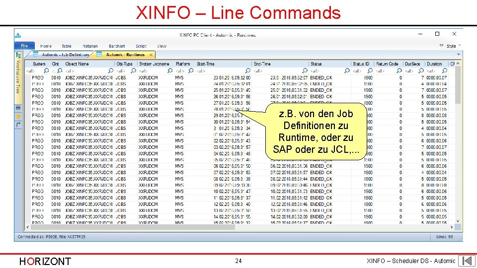 XINFO – Line Commands z. B. von den Job Definitionen zu Runtime, oder zu