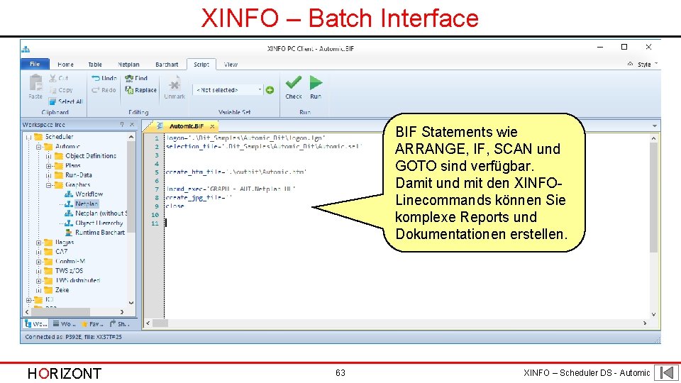 XINFO – Batch Interface BIF Statements wie ARRANGE, IF, SCAN und GOTO sind verfügbar.