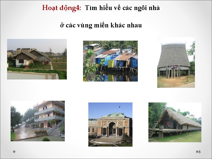 Hoạt động 4: Tìm hiểu về các ngôi nhà ở các vùng miền khác