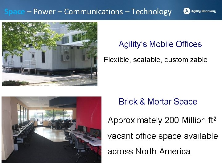 Space – Power – Communications – Technology Agility’s Mobile Offices Flexible, scalable, customizable Brick