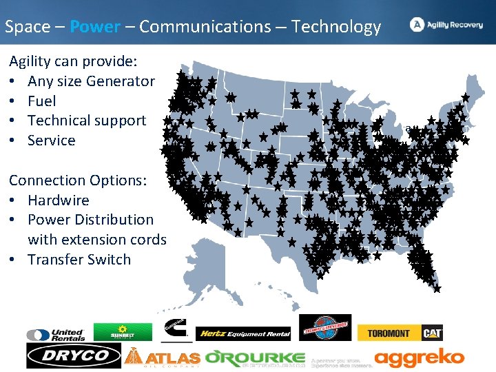 Space – Power – Communications – Technology Agility can provide: • Any size Generator